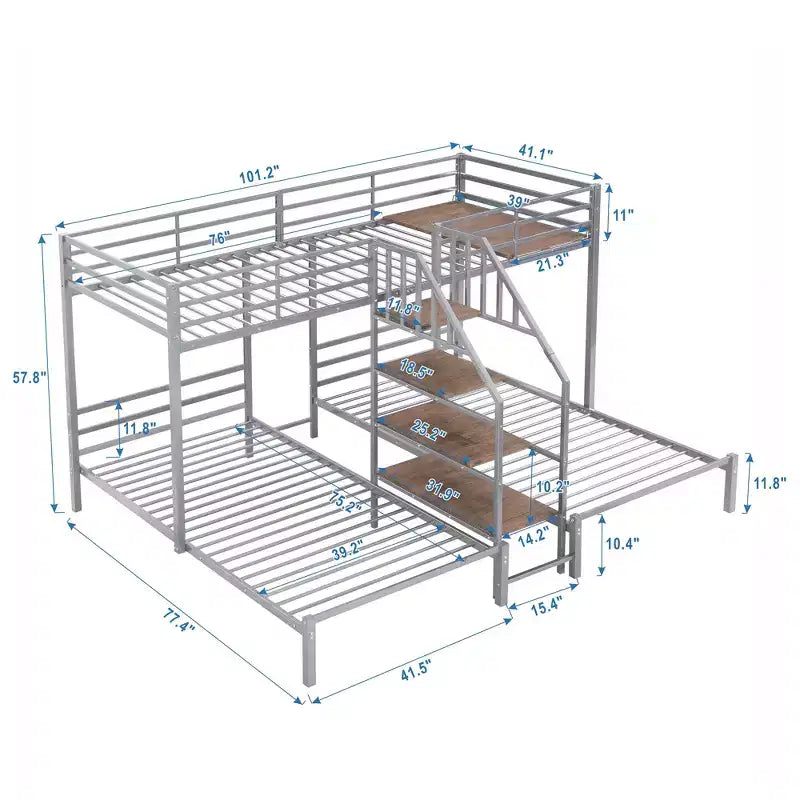 L-Shaped Triple Bunk Beds for 3 Kids, Twin over Twin and Twin Metal Bunk Bed Frame with Storage Shelves Staircase