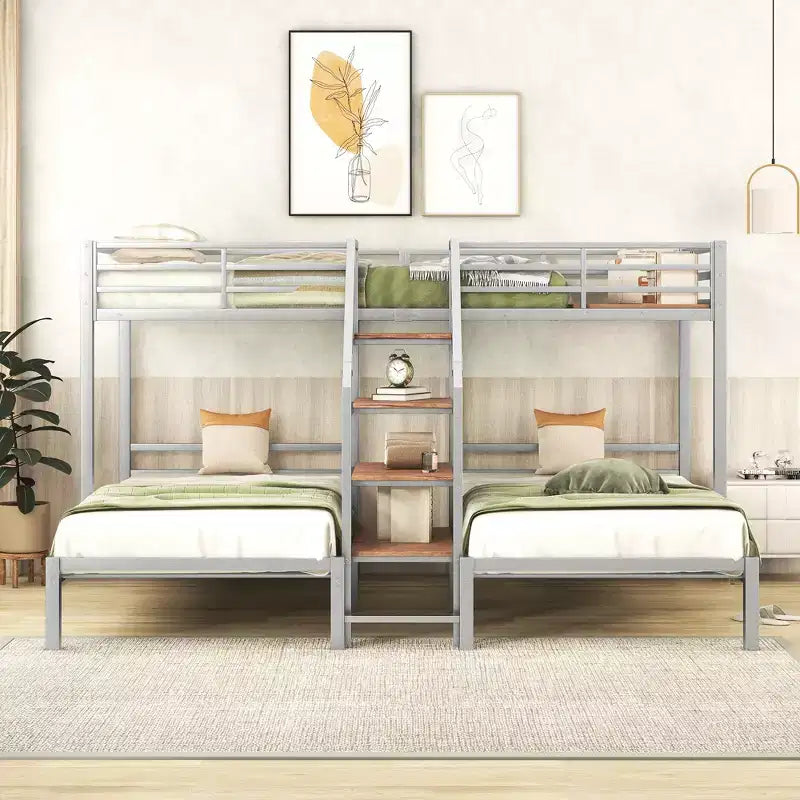 L-Shaped Triple Bunk Beds for 3 Kids, Twin over Twin and Twin Metal Bunk Bed Frame with Storage Shelves Staircase