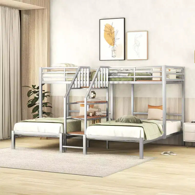 L-Shaped Triple Bunk Beds for 3 Kids, Twin over Twin and Twin Metal Bunk Bed Frame with Storage Shelves Staircase