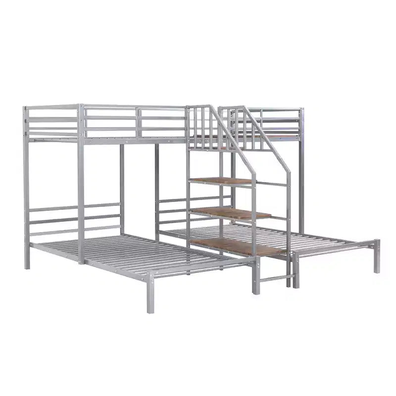 L-Shaped Triple Bunk Beds for 3 Kids, Twin over Twin and Twin Metal Bunk Bed Frame with Storage Shelves Staircase