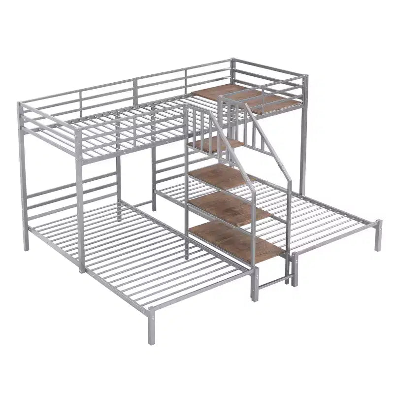 L-Shaped Triple Bunk Beds for 3 Kids, Twin over Twin and Twin Metal Bunk Bed Frame with Storage Shelves Staircase