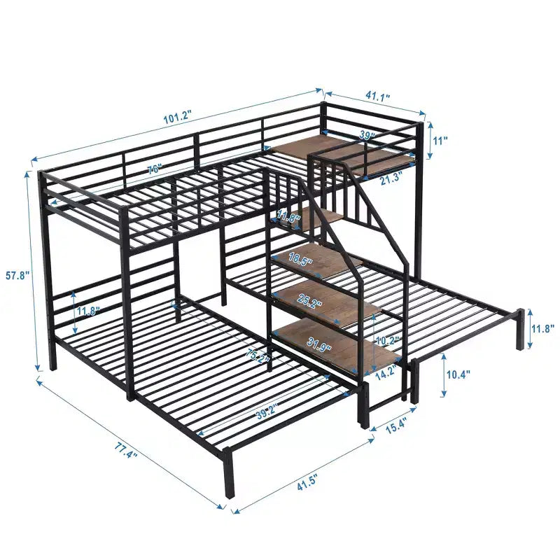 L-Shaped Triple Bunk Beds for 3 Kids, Twin over Twin and Twin Metal Bunk Bed Frame with Storage Shelves Staircase