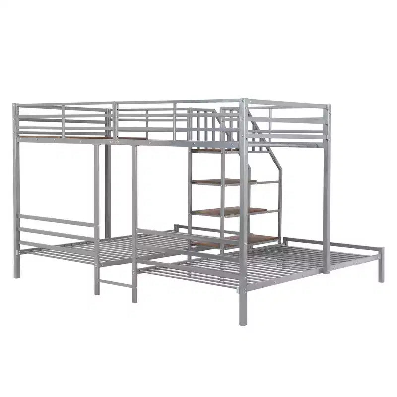L-Shaped Triple Bunk Beds for 3 Kids, Twin over Twin and Twin Metal Bunk Bed Frame with Storage Shelves Staircase