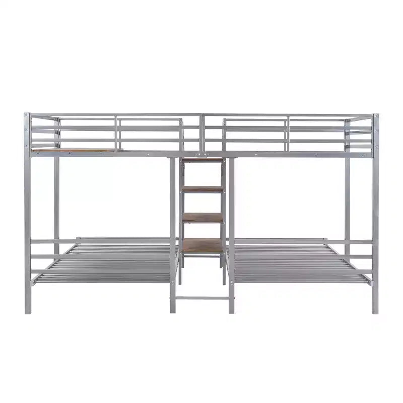 L-Shaped Triple Bunk Beds for 3 Kids, Twin over Twin and Twin Metal Bunk Bed Frame with Storage Shelves Staircase