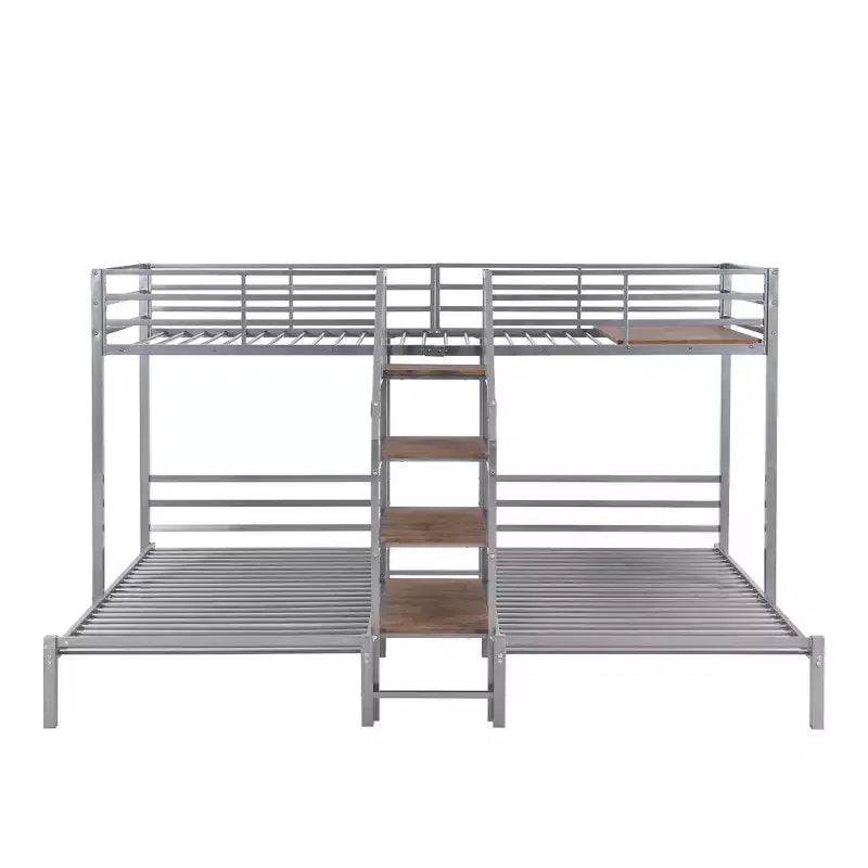 L-Shaped Triple Bunk Beds for 3 Kids, Twin over Twin and Twin Metal Bunk Bed Frame with Storage Shelves Staircase