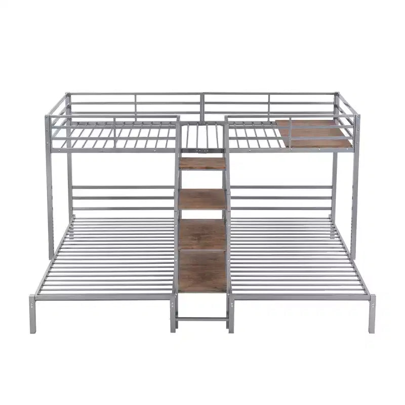 L-Shaped Triple Bunk Beds for 3 Kids, Twin over Twin and Twin Metal Bunk Bed Frame with Storage Shelves Staircase