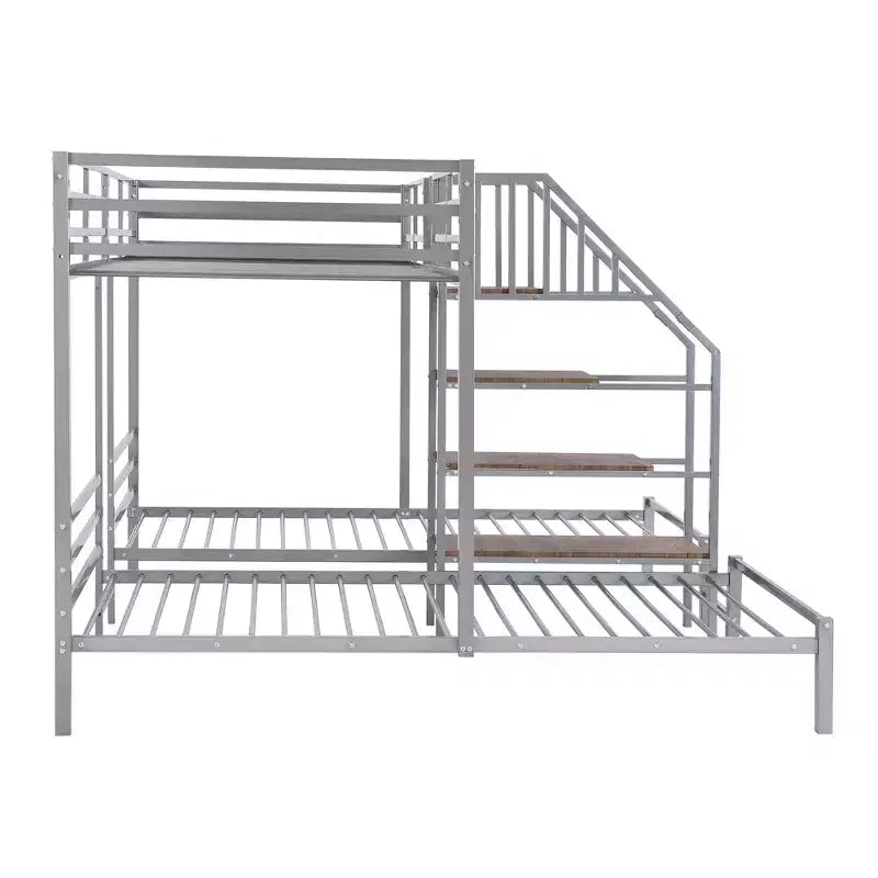 L-Shaped Triple Bunk Beds for 3 Kids, Twin over Twin and Twin Metal Bunk Bed Frame with Storage Shelves Staircase