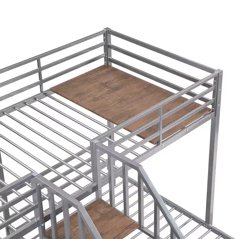 L-Shaped Triple Bunk Beds for 3 Kids, Twin over Twin and Twin Metal Bunk Bed Frame with Storage Shelves Staircase