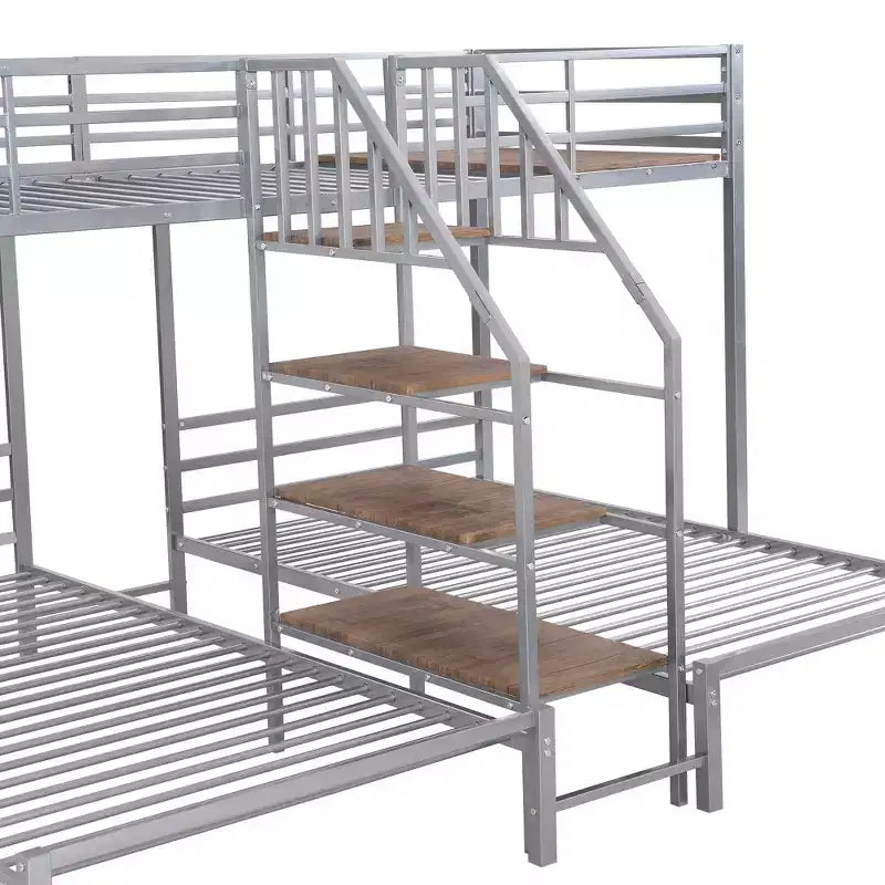 L-Shaped Triple Bunk Beds for 3 Kids, Twin over Twin and Twin Metal Bunk Bed Frame with Storage Shelves Staircase