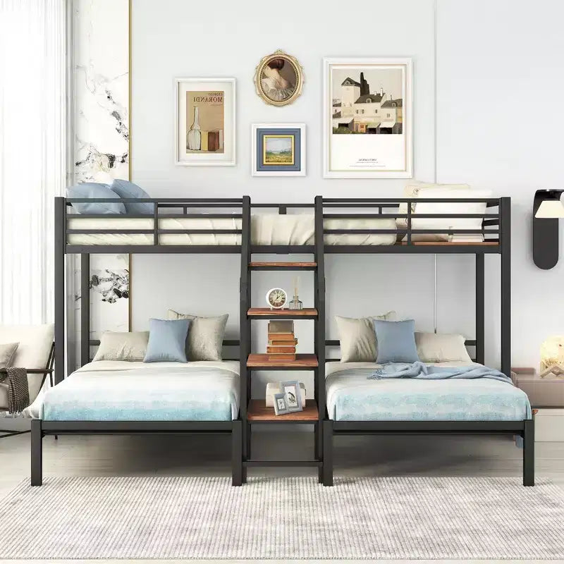 L-Shaped Triple Bunk Beds for 3 Kids, Twin over Twin and Twin Metal Bunk Bed Frame with Storage Shelves Staircase