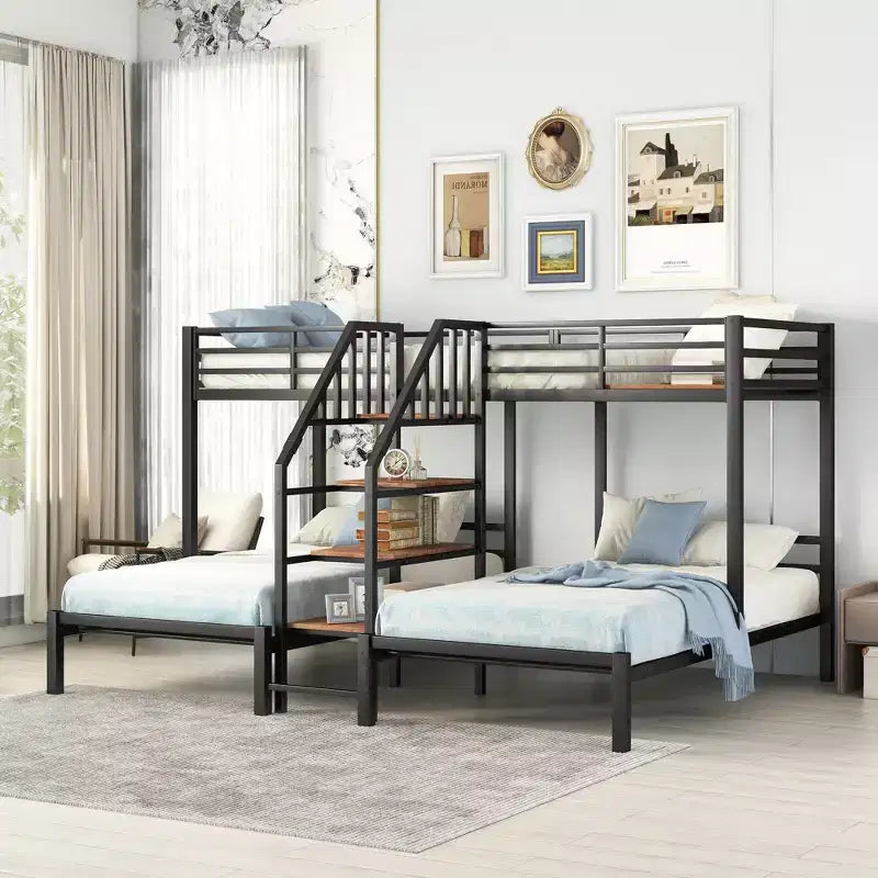 L-Shaped Triple Bunk Beds for 3 Kids, Twin over Twin and Twin Metal Bunk Bed Frame with Storage Shelves Staircase