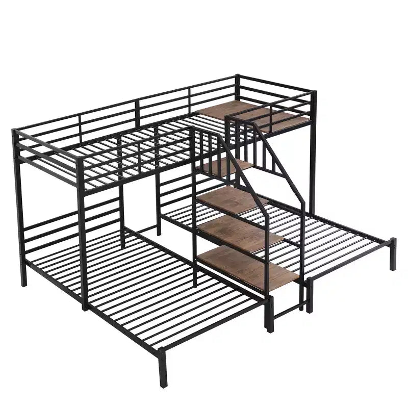 L-Shaped Triple Bunk Beds for 3 Kids, Twin over Twin and Twin Metal Bunk Bed Frame with Storage Shelves Staircase