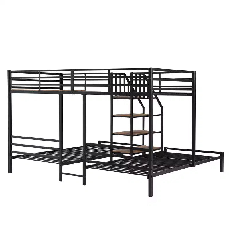 L-Shaped Triple Bunk Beds for 3 Kids, Twin over Twin and Twin Metal Bunk Bed Frame with Storage Shelves Staircase