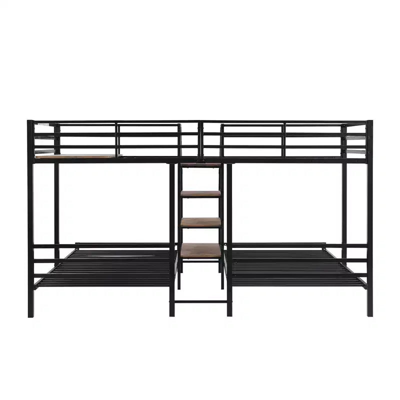 L-Shaped Triple Bunk Beds for 3 Kids, Twin over Twin and Twin Metal Bunk Bed Frame with Storage Shelves Staircase