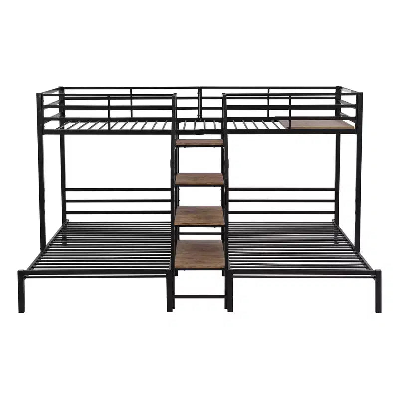 L-Shaped Triple Bunk Beds for 3 Kids, Twin over Twin and Twin Metal Bunk Bed Frame with Storage Shelves Staircase
