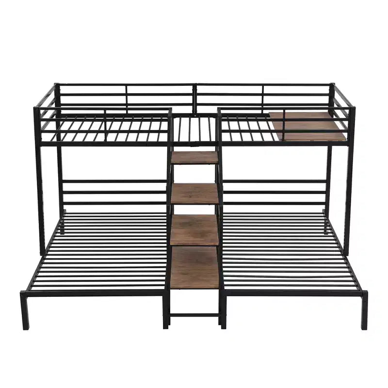L-Shaped Triple Bunk Beds for 3 Kids, Twin over Twin and Twin Metal Bunk Bed Frame with Storage Shelves Staircase