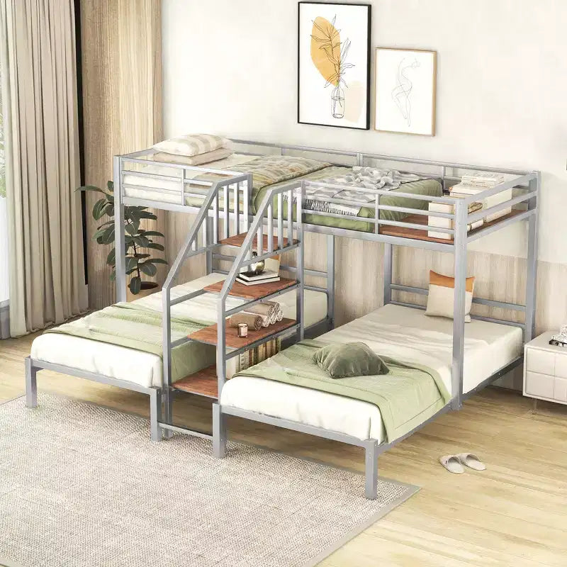 L-Shaped Triple Bunk Beds for 3 Kids, Twin over Twin and Twin Metal Bunk Bed Frame with Storage Shelves Staircase