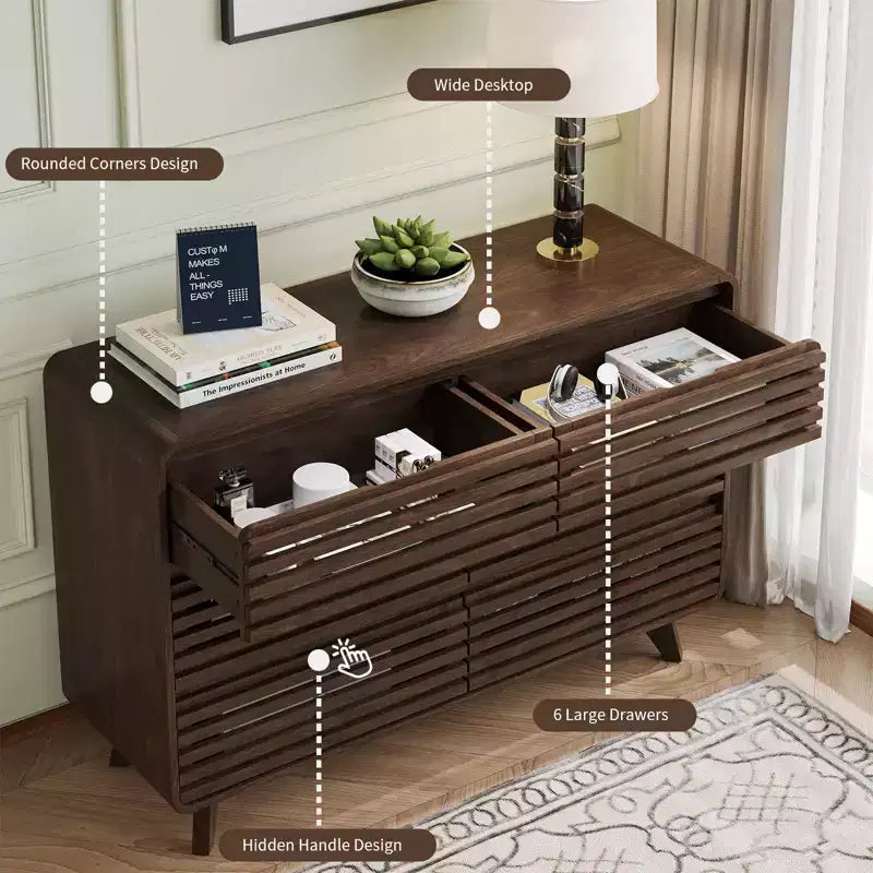 Wooden 6 Drawers Dresser for Bedroom, Chests of Drawers with Grille
