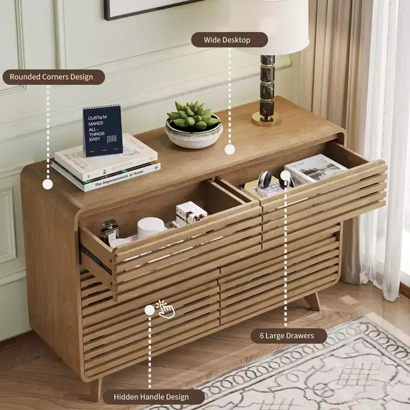 Wooden 6 Drawers Dresser for Bedroom, Chests of Drawers with Grille