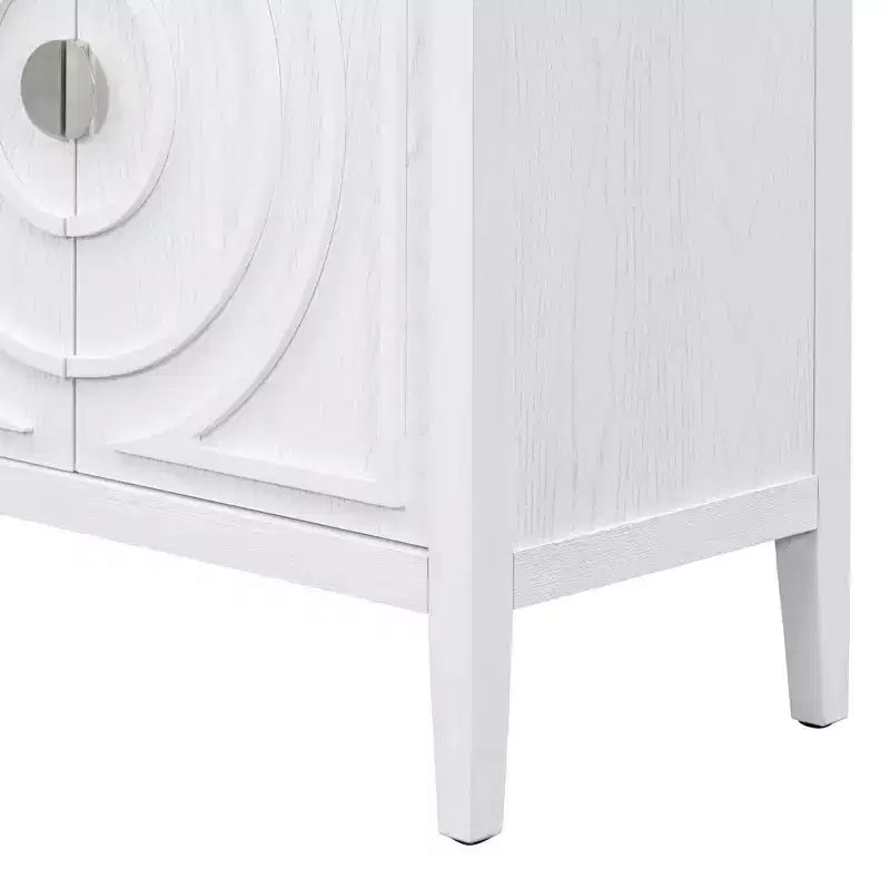Hostack Retro Sideboard with Circular Groove Design, Round Metal Door Handle for Entrance, Dinning and Living Room, White