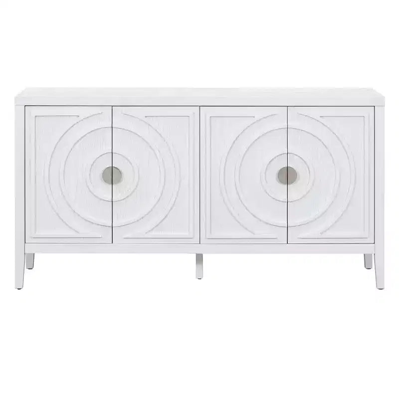 Hostack Retro Sideboard with Circular Groove Design, Round Metal Door Handle for Entrance, Dinning and Living Room, White