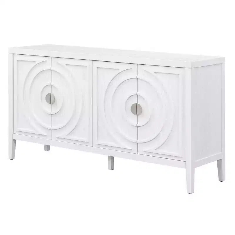Hostack Retro Sideboard with Circular Groove Design, Round Metal Door Handle for Entrance, Dinning and Living Room, White