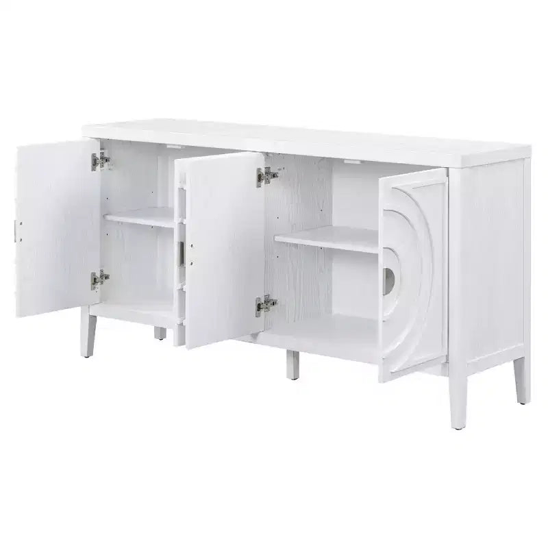 Hostack Retro Sideboard with Circular Groove Design, Round Metal Door Handle for Entrance, Dinning and Living Room, White