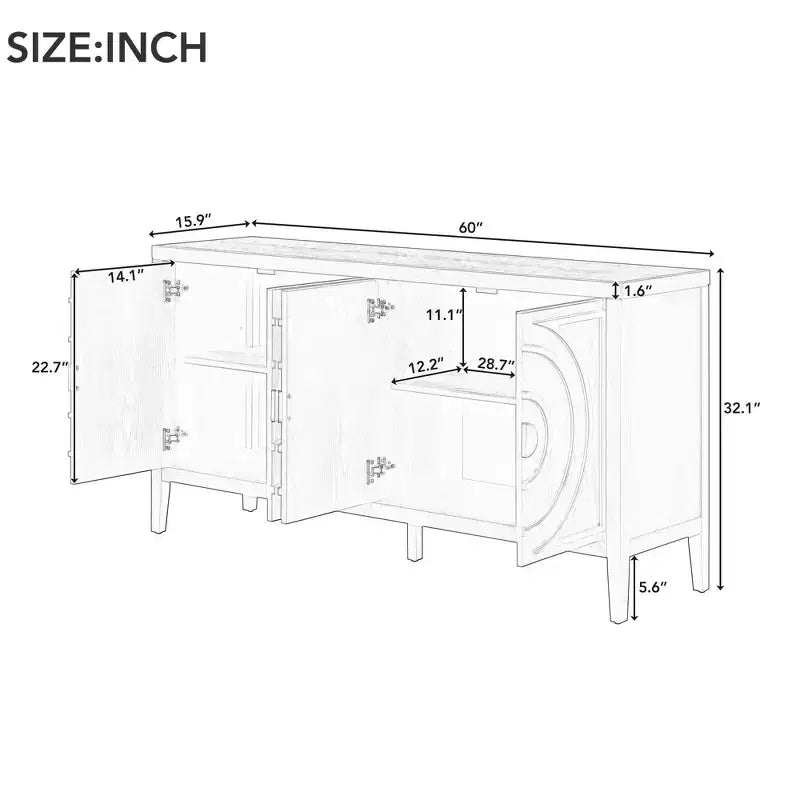 Hostack Retro Sideboard with Circular Groove Design, Round Metal Door Handle for Entrance, Dinning and Living Room, White