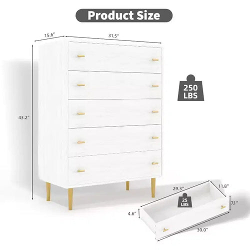 Acekool 5 Drawer Dresser, 44 Tall White Rustic Chest with Bar Handles, Modern Farmhouse Storage Organizer for Bedroom, Living Room