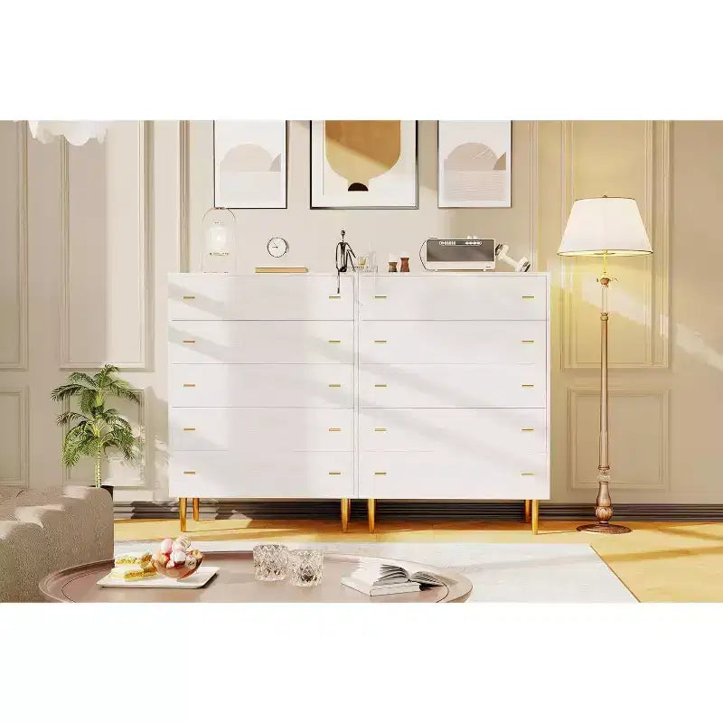 Acekool 5 Drawer Dresser, 44 Tall White Rustic Chest with Bar Handles, Modern Farmhouse Storage Organizer for Bedroom, Living Room