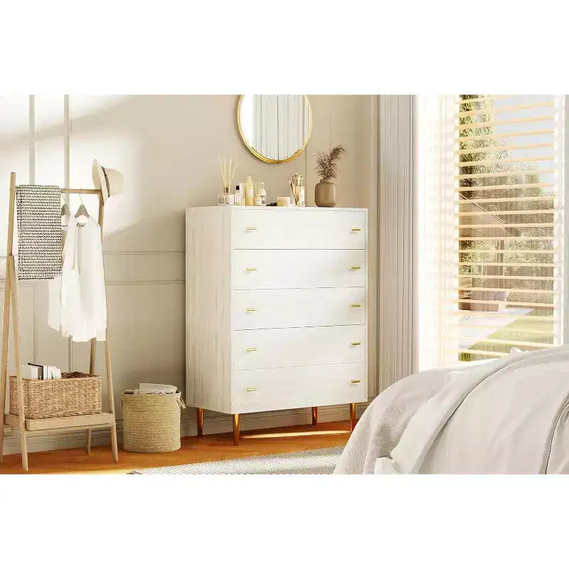 Acekool 5 Drawer Dresser, 44 Tall White Rustic Chest with Bar Handles, Modern Farmhouse Storage Organizer for Bedroom, Living Room