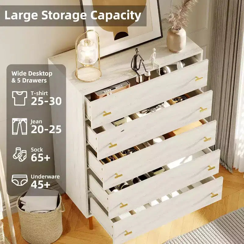 Acekool 5 Drawer Dresser, 44 Tall White Rustic Chest with Bar Handles, Modern Farmhouse Storage Organizer for Bedroom, Living Room