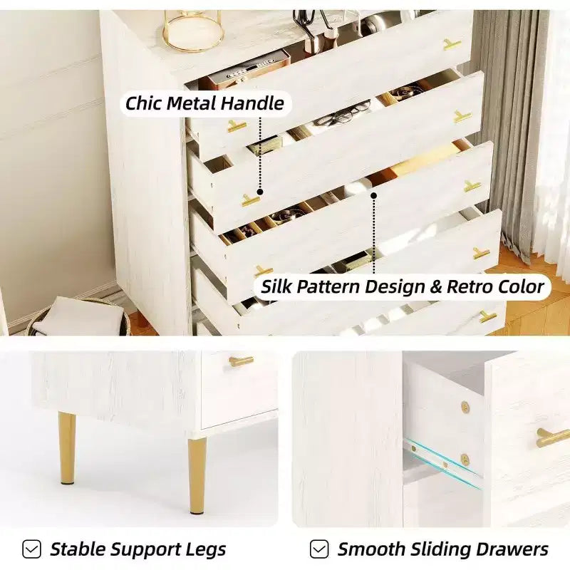 Acekool 5 Drawer Dresser, 44 Tall White Rustic Chest with Bar Handles, Modern Farmhouse Storage Organizer for Bedroom, Living Room