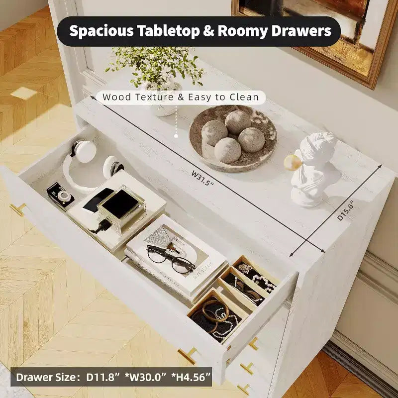 Acekool 5 Drawer Dresser, 44 Tall White Rustic Chest with Bar Handles, Modern Farmhouse Storage Organizer for Bedroom, Living Room
