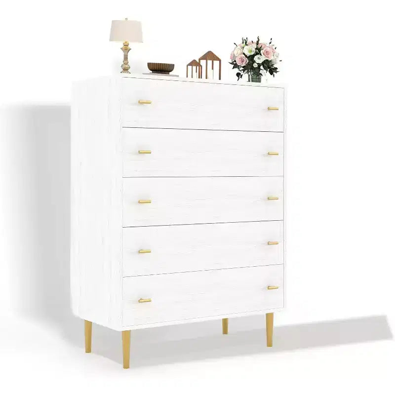 Acekool 5 Drawer Dresser, 44 Tall White Rustic Chest with Bar Handles, Modern Farmhouse Storage Organizer for Bedroom, Living Room