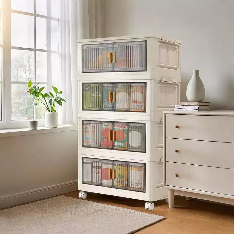 Acekool 31.5 Foldable Storage Bins with Lids, 4 Tier Stackable Organizer with Magnetic Doors and Wheels for Living Room