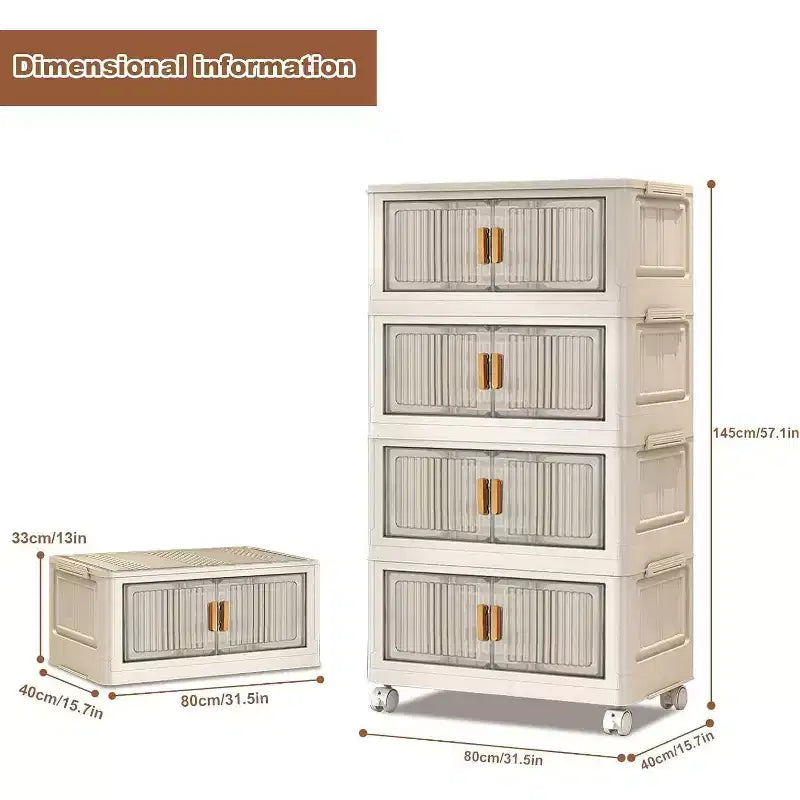 Acekool 31.5 Foldable Storage Bins with Lids, 4 Tier Stackable Organizer with Magnetic Doors and Wheels for Living Room