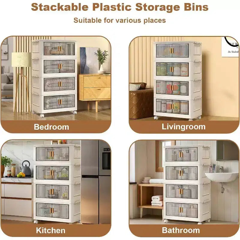 Acekool 31.5 Foldable Storage Bins with Lids, 4 Tier Stackable Organizer with Magnetic Doors and Wheels for Living Room