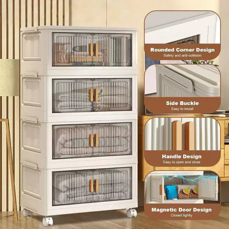 Acekool 31.5 Foldable Storage Bins with Lids, 4 Tier Stackable Organizer with Magnetic Doors and Wheels for Living Room