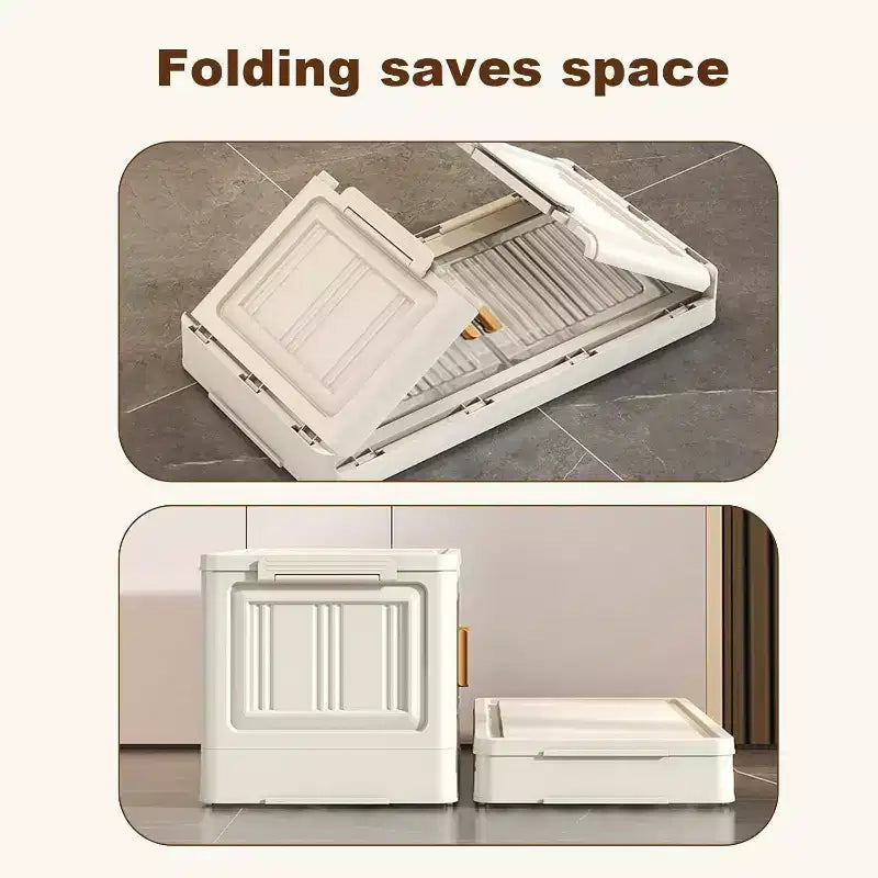Acekool 31.5 Foldable Storage Bins with Lids, 4 Tier Stackable Organizer with Magnetic Doors and Wheels for Living Room