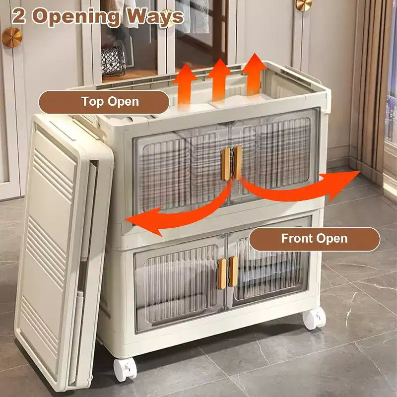 Acekool 31.5 Foldable Storage Bins with Lids, 4 Tier Stackable Organizer with Magnetic Doors and Wheels for Living Room