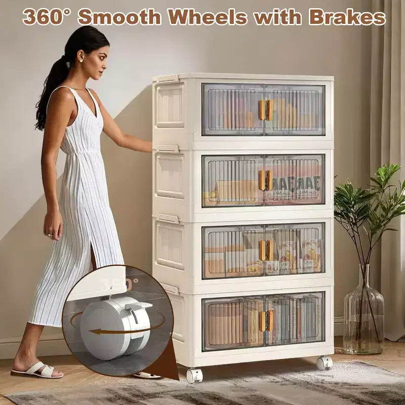 Acekool 31.5 Foldable Storage Bins with Lids, 4 Tier Stackable Organizer with Magnetic Doors and Wheels for Living Room