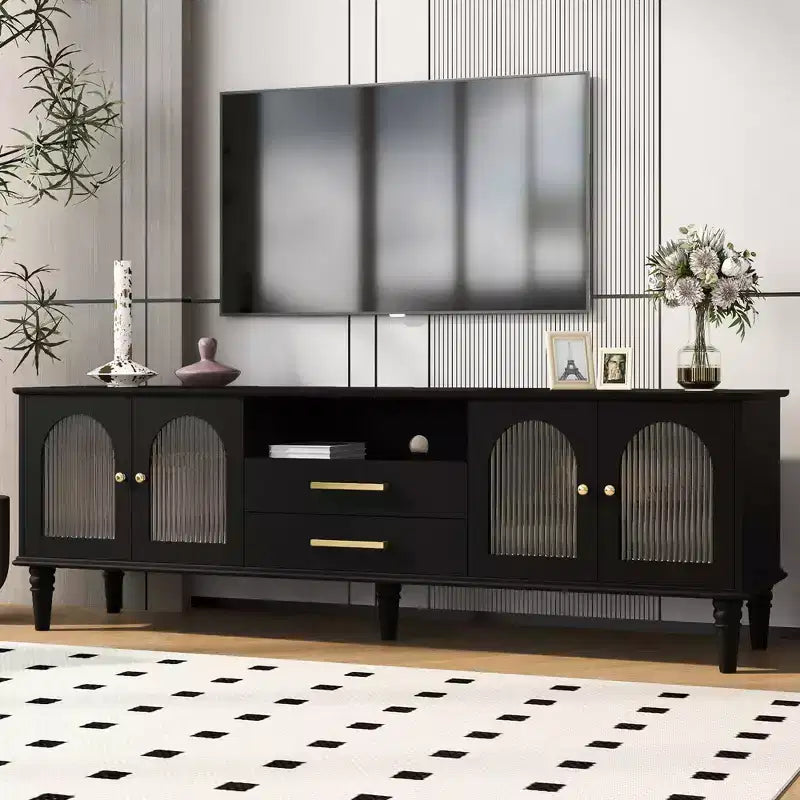 Bestier 69 Retro TV Stand for TVs up to 75, Living Room Entertainment Center Media Console with Arched Fluted Glass Doors, 2 Storage Drawers