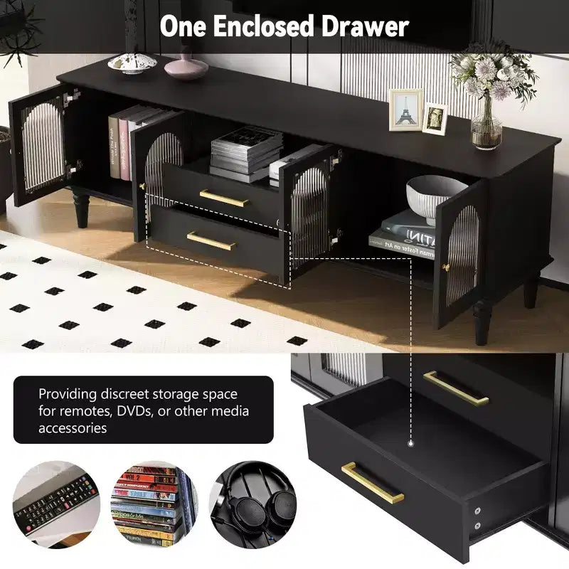Bestier 69 Retro TV Stand for TVs up to 75, Living Room Entertainment Center Media Console with Arched Fluted Glass Doors, 2 Storage Drawers