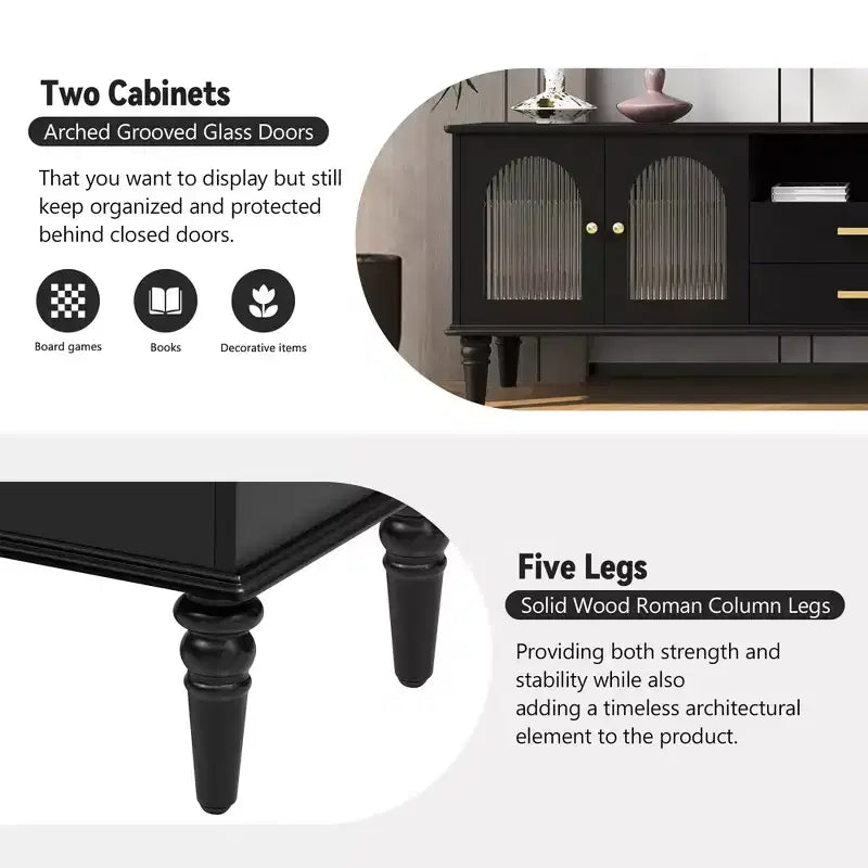 Bestier 69 Retro TV Stand for TVs up to 75, Living Room Entertainment Center Media Console with Arched Fluted Glass Doors, 2 Storage Drawers