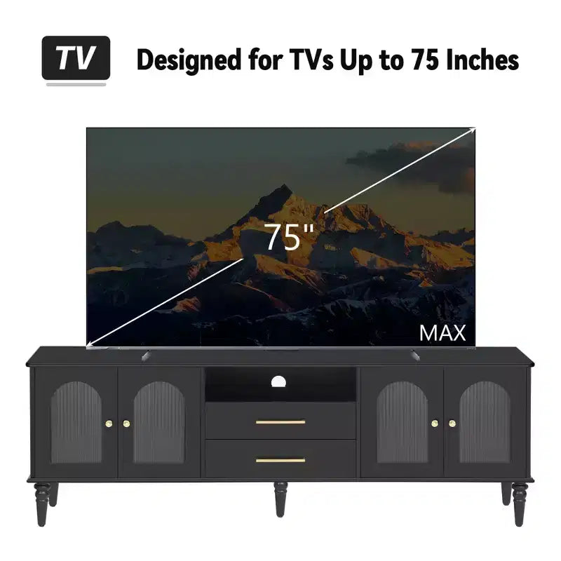 Bestier 69 Retro TV Stand for TVs up to 75, Living Room Entertainment Center Media Console with Arched Fluted Glass Doors, 2 Storage Drawers