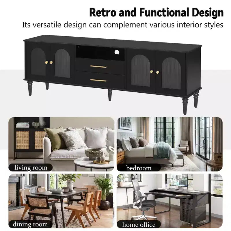 Bestier 69 Retro TV Stand for TVs up to 75, Living Room Entertainment Center Media Console with Arched Fluted Glass Doors, 2 Storage Drawers