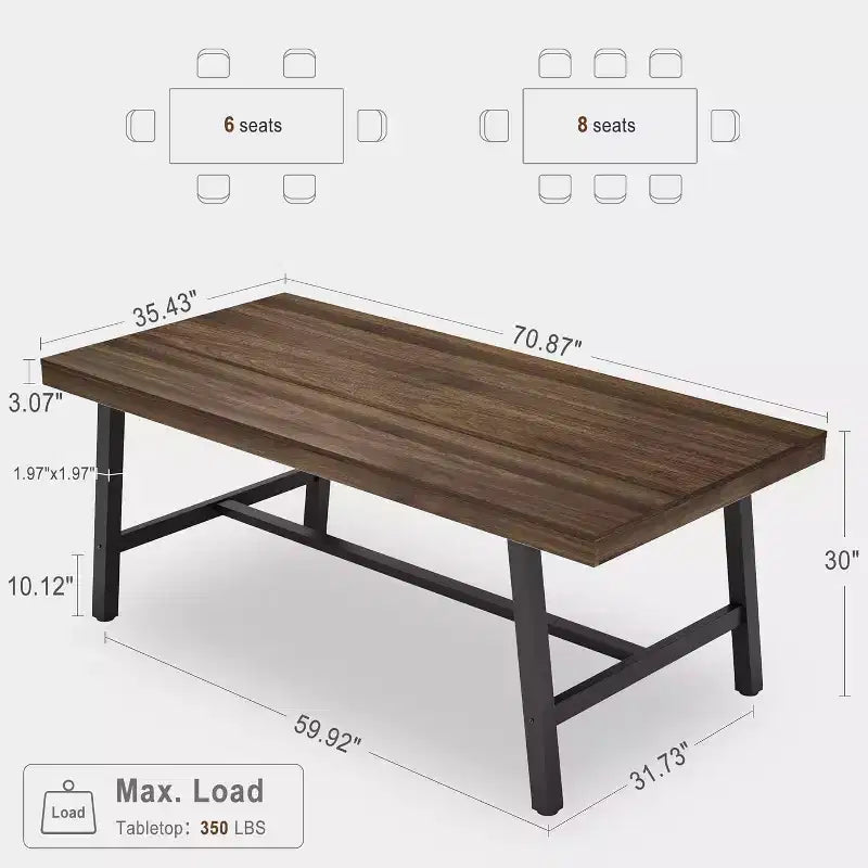 63in Large Rectangle Dining Table for 4-6 People, Rustic Wood Kitchen Table with Metal Legs, Industrial Patio Table for Living Room, Dining Room