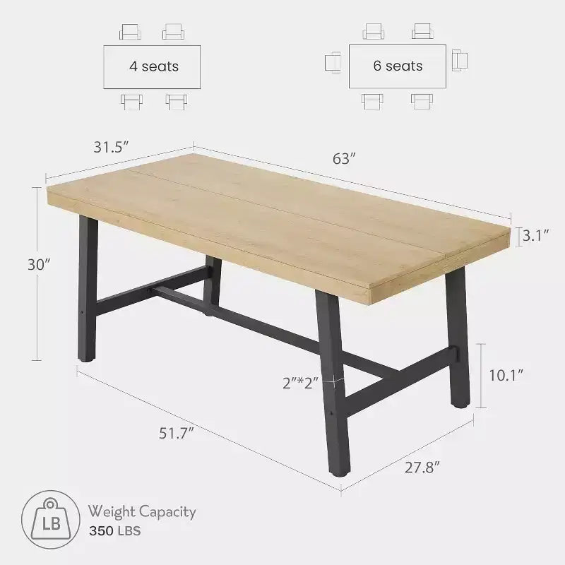 63in Large Rectangle Dining Table for 4-6 People, Rustic Wood Kitchen Table with Metal Legs, Industrial Patio Table for Living Room, Dining Room