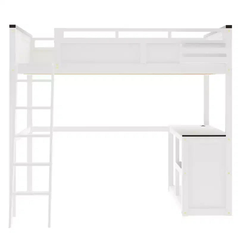 Queen Size Loft Bed with Built-in Desk and Shelves, Space-Saving Wooden Loft Bed Frame with Storage Box and USB, White